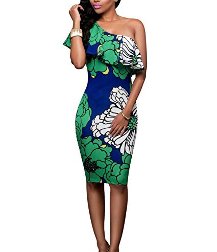 CoCo Fashion Women's One Off Shoulder Floral Printed Ruffle Chest Bodycon Midi Dress