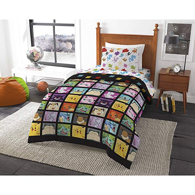 Pokemon Pikachu Grid, Twin Comforter, Pillowcase & Sheets Set