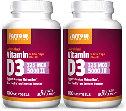 Jarrow Formulas Vitamin D3 5000 IU - 100 Softgels, Pack of 2 - Bone Health, Immune Function & Calcium Metabolism Support - 200 Total Servings