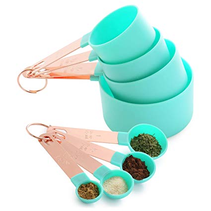 Set of 8 - Measuring Cups and Spoons Set, Copper Handle Measuring Cup, Vintage Kitchen Gift, Turquoise Blue Green