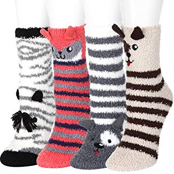 5 or 4 Pairs Fuzzy Socks Women Girls Microfiber Slipper Sleeping Winter Warm Thermal Home Crew Socks Holiday Gifts FAYBOX