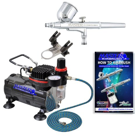Master Airbrush Multi-purpose Gravity Feed Dual-action Airbrush Kit with 6 Foot Hose and a Powerful 15hp Single Piston Quiet Air Compressor