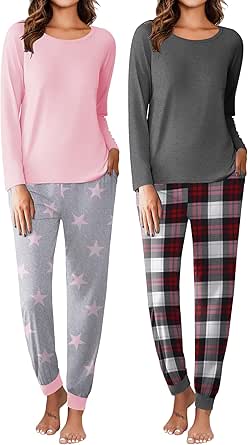 Ekouaer 2 Pack Womens Pajamas Set Long Sleeve Sleepwear Top and Jogger Pants Lounge Sets Cozy Pjs Loungewear S-XXL