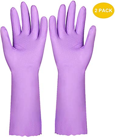 ELGOOD Deluxe washing up gloves with latex free,cotton lining,Vinyl cleaning gloves 2 Pairs(Purple, M L)