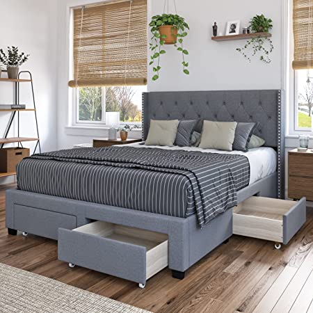 DG Casa Bardy Upholstered Panel Bed Frame with Storage Drawers and Diamond Button Tufted Nailhead Trim Wingback Headboard, King Size in Gray Fabric