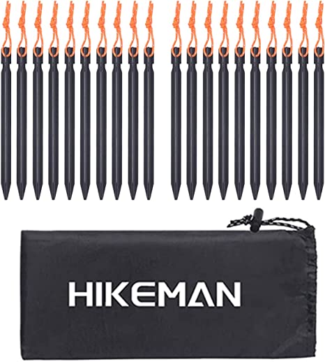 HIKEMAN 20 Pack Tent Pegs Aluminium Alloy Tent Stakes with Drawstring Bag For Outdoor Camping Trip Hiking Beach Heavy Duty(Black)