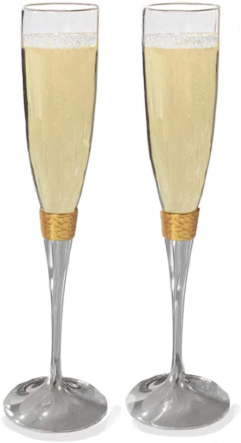 Wedding Toasting Flutes, Hammered Metal Design, Champagne Flutes for Bride and Groom, Set of 2 Glasses, Gold