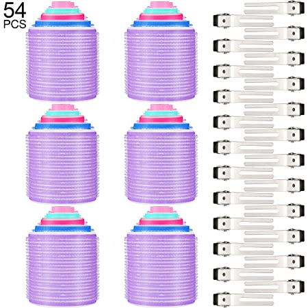 54 Pieces Self Grip Hair Rollers Clips Set, Include 30 Pieces Self Holding Hair Rollers (60 mm, 48 mm, 36 mm, 25 mm, 15 mm), 24 Pieces Metal Double Prong Hair Clips Hairdressing Accessories