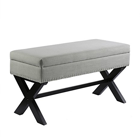 CO-Z Antique Drexler Storage Bench Ottoman Natural Linen Fabric with X-shape Leg & Brass Nailhead (Grey)