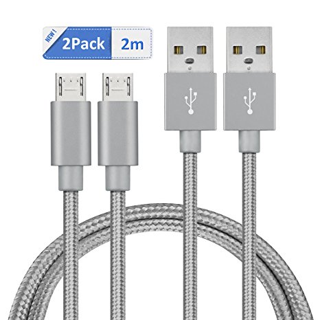 Micro USB Charger Cable, GlobaLink (TM) Premium 2M Micro USB 2.0 Sync Data Charging Cord, Ultra Durable Nylon Braided Wire, Universal Power Charging Line for Samsung Galaxy S7, S6 , Edge, S4, S3, Note 5, 4, 2,Google Nexus, LG, HTC, Nokia, Blackberry and More - (2 Pack, Grey)