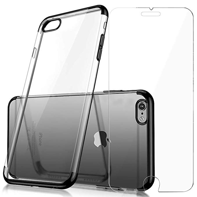 Case for iPhone and Screen Protector Set Crystal Clear Anti-Scratch TPU Cover Case with Tempered Glass Screen Protector and Soft Shock Absorption Bumper for iPhone 6/6s (Black)