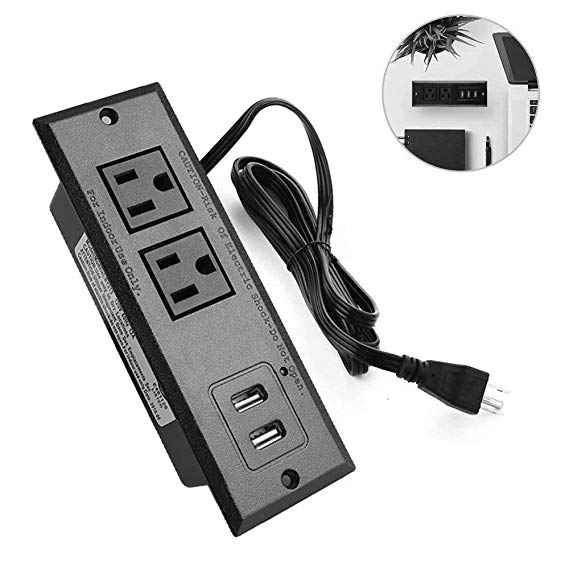 Recessed Power Socket,Black Desktop Power Strip with USB(5 V 2 A),2-Outlets 120 V 1440 J with 9.8 ft Power Cord for Office Kitchen Hotel
