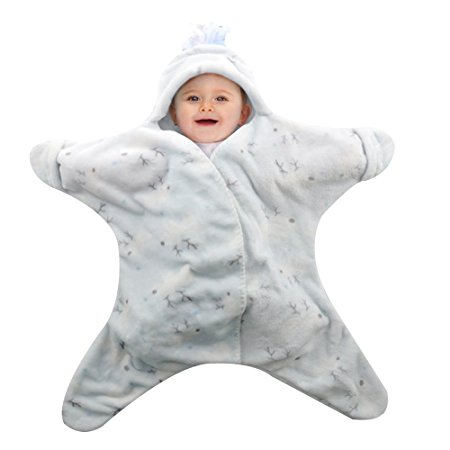 GreForest Cute Starfish Infant Sleeping Bag Flannel Baby Swaddle Newborn Infant Sleepsack Wearable Swaddle Blanket Anti-kicking Quilt-Blue ( 31"35", 0-12Months)