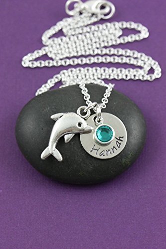 Personalized Dolphin Necklace - DII - Girls Gift - Nautical - Handstamped Handmade Jewelry - 5/8 Inch 15MM Disc - Customize Name - Choose Birthstone Color - Fast 1 Day Shipping