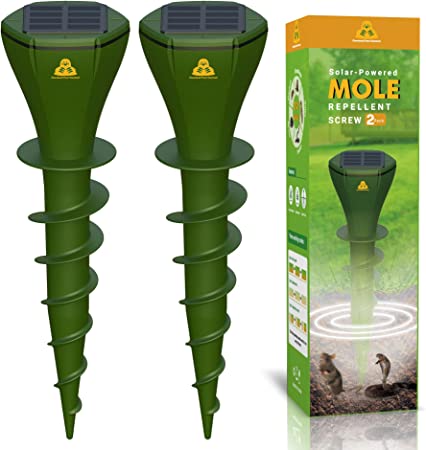 Mole Repellent Screw Solar Powered Outdoor Groundhog Deterrent Vibration Stakes Quiet Get Rid of Snake Vole Gopher Armadillo for Yard Lawns - No Noise Poison Kill Traps (Green 2pack)