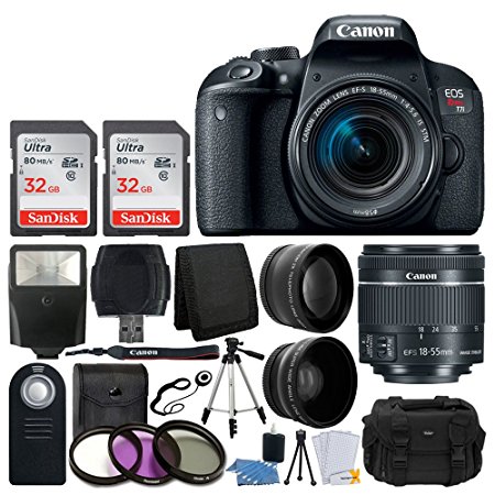 Canon EOS Rebel T7i Digital SLR Camera with EF-S 18-55mm f/4-5.6 IS STM Lens   58mm Wide Angle Lens   2x Telephoto Lens   Flash   64GB SDHC Memory Card   UV Filter Kit   Tripod   Full Accessory Bundle