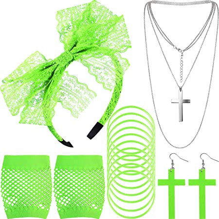 80s Costume Accessories Lace Headband Earrings Fishnet Gloves Necklace Bracelet (Fluorescent Green)