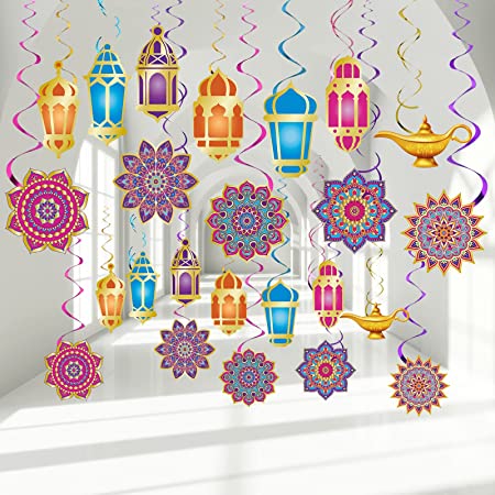 Arabian Nights Party Decoration Genie Lamp Mandala Swirls Ceiling Foil Aladdin Party Decoration Eid Mubarak Decor for Indian Princess Baby Shower Moroccan Birthday Party Supplies 52 Pcs