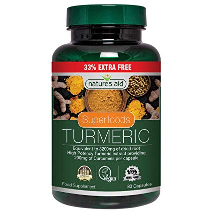 Natures Aid Turmeric 8200 mg, High Potency Extract Plus Whole Herb, 200mg Curcumins, Vegan, 80 Capsules