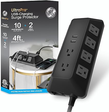 GE UltraPro Adapt 10-Outlet Surge Protector with USB Ports, 2 USB-A Ports, 2.4A, 12W, 4ft Braided Cord Power Strip Surge Protector, 3540 Joules, Black, 73775