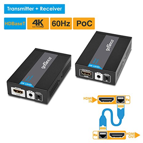 gofanco HDMI Extender 4K 60Hz HDBaseT Ultra HD over CAT5e/CAT6/CAT7 Ethernet cable with Bi-directional IR, PoC - Up to 70 meters (230 feet) @ 1080p 60Hz 40 meters (130 feet) @ UHD 4K 60Hz, HDCP 2.2