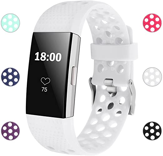 iGK Silicone Replacement Bands Compatible for Fitbit Charge 2, Adjustable Breathable Sport Strap Smartwatch Fitness Wristband with Air Holes All White Small