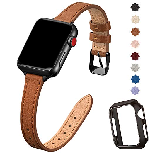 STIROLL Slim Leather Bands Compatible with Apple Watch Band 38mm 40mm 42mm 44mm, Top Grain Leather Watch Thin Wristband for iWatch Series 5/4/3/2/1 (Brown with Black, 42mm/44mm)