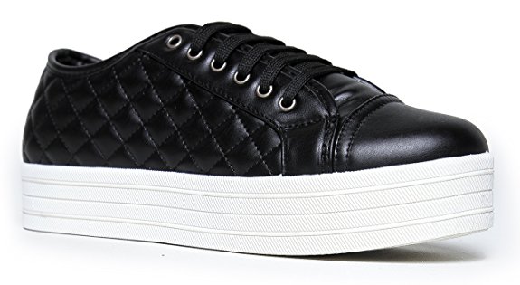 Quilted Lace Up Platform Sneaker - Round Toe Comfortable Flat Sporty leather Casual Walking Shoe