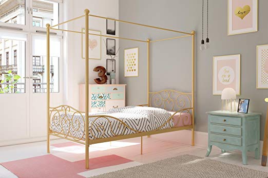 DHP Canopy Metal Bed with Sturdy Bed Frame, Gold, Twin