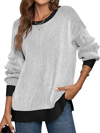 MEROKEETY Women's 2024 Long Sleeve Striped Sweaters Casual Crewneck Color Block Ribbed Knit Pullover Tops