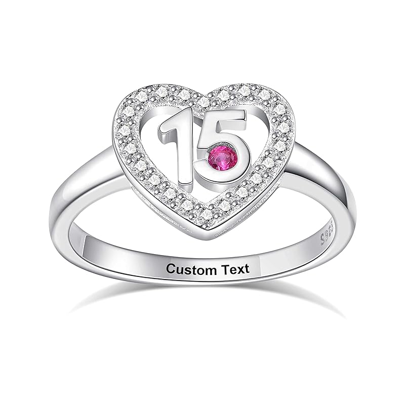 ROWAWA Birthstones Daughter Jewelry Customized Silver Gifts Hollow Out Quinceanera Rings Teen Girl Open Heart Ring Cubic Zirconia Stone Gift