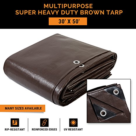 30' x 50' Super Heavy Duty 16 Mil Brown Poly Tarp Cover - Thick Waterproof, UV Resistant, Rot, Rip and Tear Proof Tarpaulin with Grommets and Reinforced Edges - by Xpose Safety