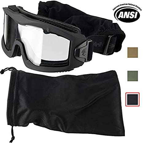 Lancer Tactical AERO 3mm Thick Dual Pane Lens Eye Protection Safety Goggle System ANSI Z87 1 Rated Industry Standard Panel Ventilated w/Anti-Scratch Shield Fully Adjustable (Black/Clear)