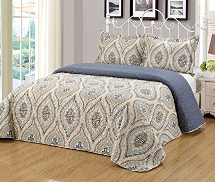Mk Collection 3pc Bedspread coverlet quilted Reversible Floral Grey Beige Taupe Joni New (King)