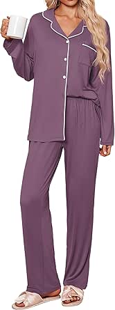 Ekouaer Womens Pajama Sets 2 Piece Long Sleeve Sleepwear Soft Button Down Pjs Lounge Set S-XXL