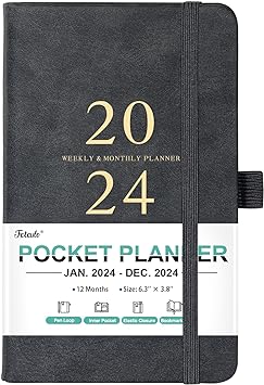 2024 Pocket Planner/Calendar - Pocket Planner 2024, JAN 2024 - DEC 2024, Pocket Calendar 2024 for Purse, 6.3'' × 3.8'', Elastic Bound, Bookmark, Inner Pocket, Agenda Planner with Pen Holder