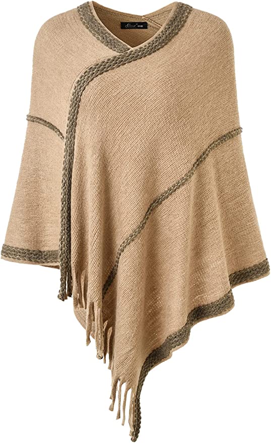 Ferand Fringed Poncho for Women, Soft Knit Poncho Sweater with Fashion Edges and Fringe, Lightweight and Warm
