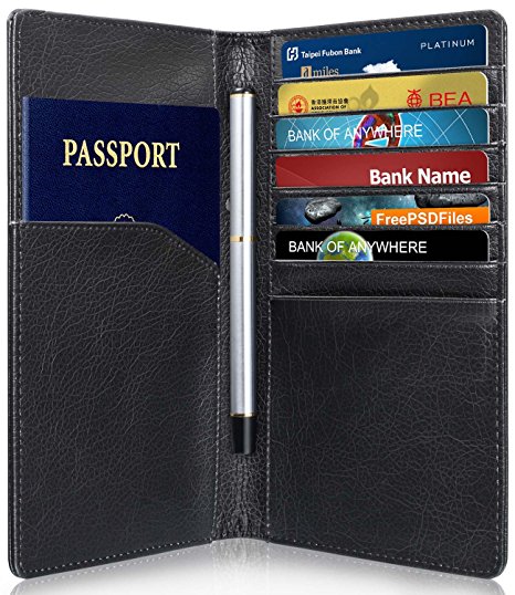 RFID Blocking Leather Wallet (10 Slots), GreatShield Theft Proof Credit Card Holder [7 Large Card Slots | 2 Cash Compartments | 1 Passport Slot] for Men & Women (Black)