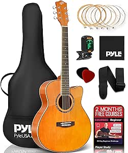 Pyle Steel String Acoustic Guitar Kit, 3/4 Junior Size Cutaway All-Wood Guitarra Acustica with Premium Accessory Set and Upgraded Gig Bag, 36" Orange