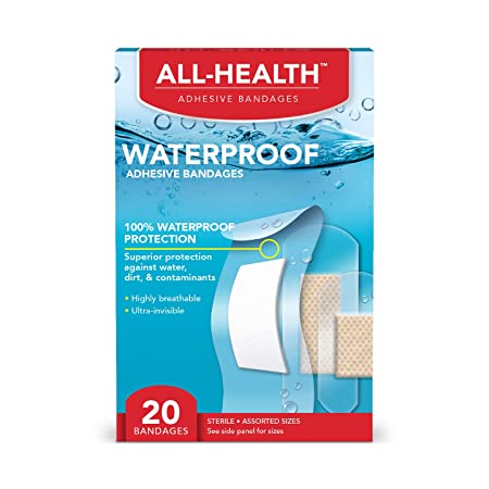 All Health Clear Waterproof Adhesive Bandages, Assorted Sizes Variety Pack, 20 Count | 100% Waterproof First Aid for Minor Cuts & Scrapes