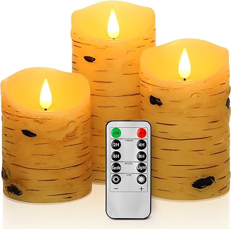 Flameless Candles Battery Operated Pillar 4" 5" 6" Birch Effect Real Wax 3D Wick Electric LED Decorative Candle Sets with Remote Control Cycling 24 Hours Timer, Set of 3