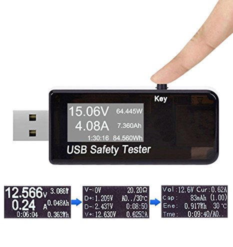 YOMOSI USB Digital Power Meter Tester Multimeter Current and Voltage Monitor, DC 5.1A 30V Amp Voltage Power Meter, Test Speed of Chargers, Cables, Capacity of Power Banks-Black