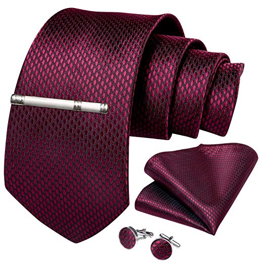 DiBanGu Men's Necktie Solid Silk Tie and Pocket Square Wedding Tie Cufflinks Set Formal