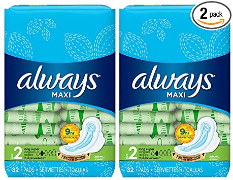 Always Maxi Unscented Pads with Wings, Long/Super 32 Count (Pack of 2)