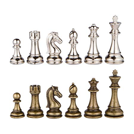 Mars Silver and Bronze Metal Chess Pieces with 3 Inch King and Extra Queens, Pieces Only, No Board