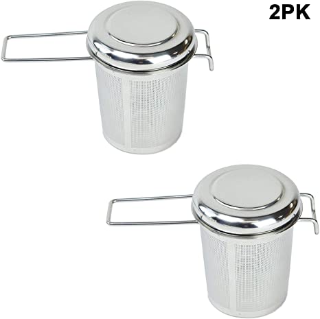 HUJI Tea Infuser Fine Mesh Strainer With Handle and Lid For Hanging On Teapots, Cups, and Mugs For Brewing Coffee and Tea (2 Pack, Tea Infuser with Long Handle)