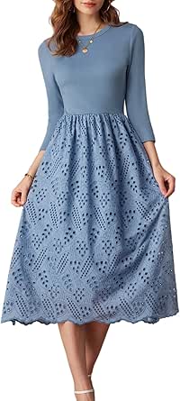 GRACE KARIN Womens Summer 3/4 Sleeve Dress with Pockets A Line Midi Eyelet Dress Empire Waist Casual Fall Flowy Dress