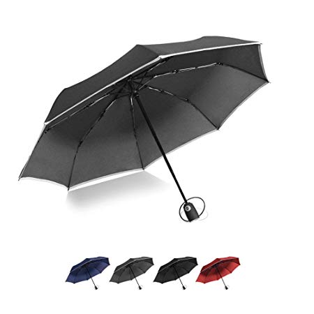 Brainstorming Compact Travel Umbrella, Folding Umbrella with Reflective Stripe, 8 ribs Lightweight Windproof Umbrella, Windproof Umbrella with Reflective Stripe, Small Portable Umbrella - Gray