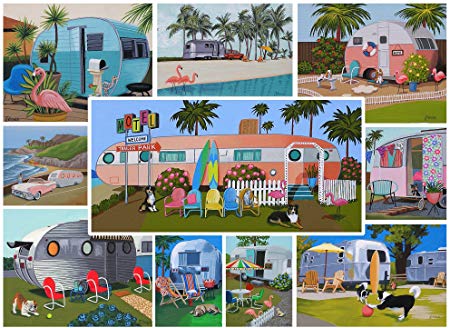 Vintage Retro Trailers Jigsaw Puzzle - 1000 Piece - Bright, Cheerful , Fun Puzzle for Kids & Adults featuring Campers & Travel Trailers by Hennessy Puzzles - Original Hand-Painted Artwork - Limited quantity