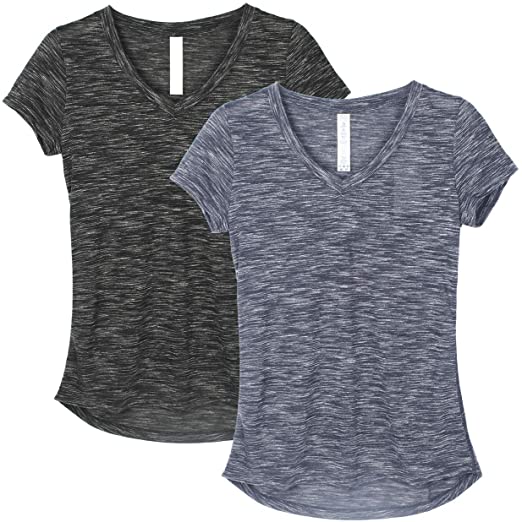 icyzone Workout Shirts for Women - Yoga Tops Activewear Gym Shirts Running Fitness V-Neck T-Shirts（Pack of 2）